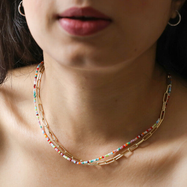Rainbow Bead and Chain Layered Necklace