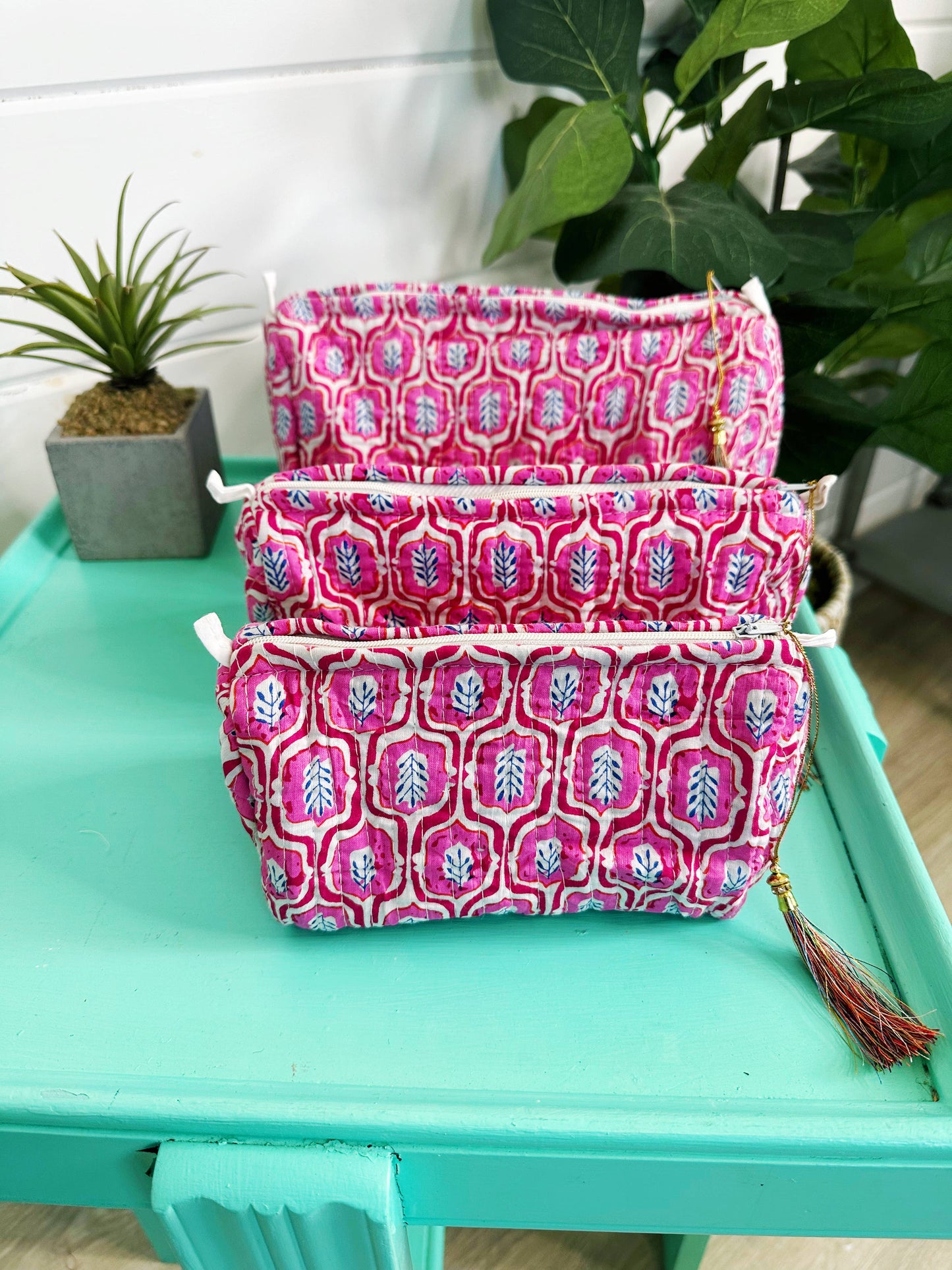 Pink Quilted Makeup Travel Bag Set