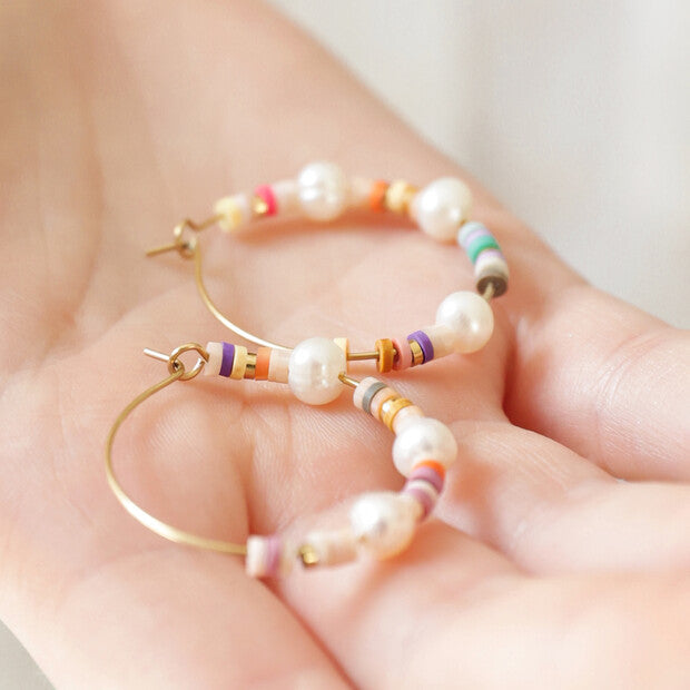 Colorful Bead and Pearl Hoop Earrings
