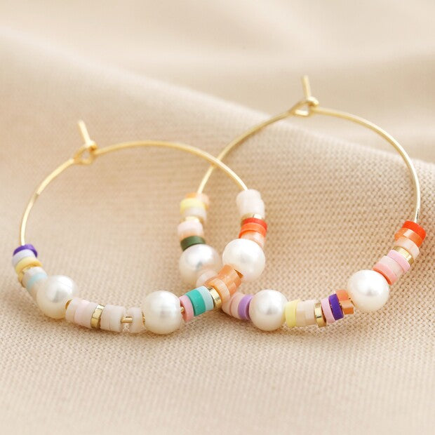 Colorful Bead and Pearl Hoop Earrings