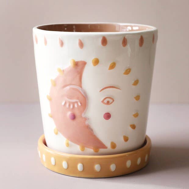 Sun and Moon Face Ceramic Planter