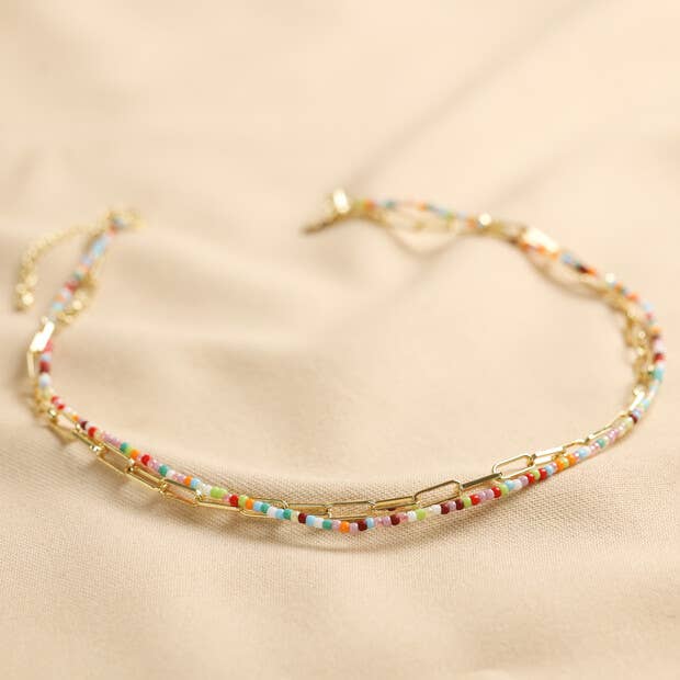 Rainbow Bead and Chain Layered Necklace